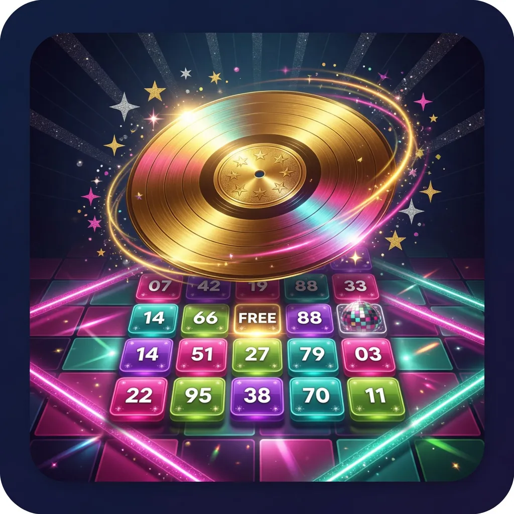 Disco gold record and neon Slingo grid for Super Spin free play